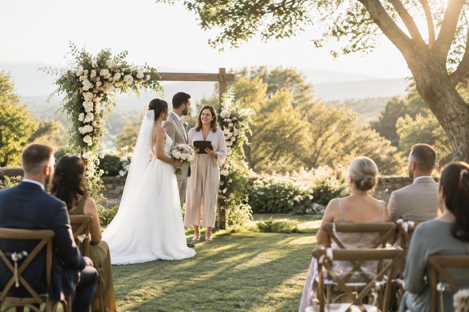 A couple exchanges vows beneath a flower-covered arch as guests watch in a sunlit garden.