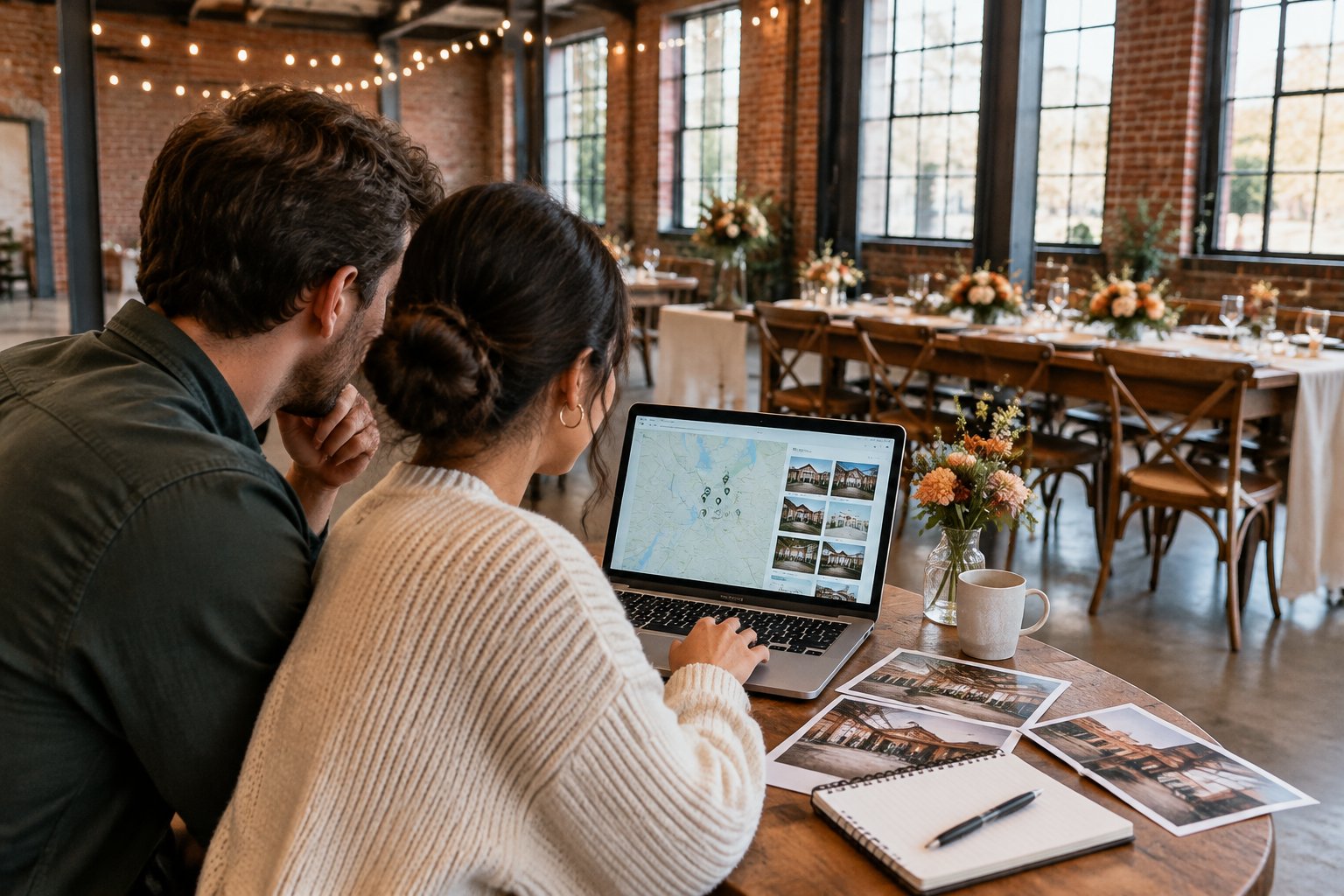 A couple reviews wedding venue options at a table inside an industrial event space.