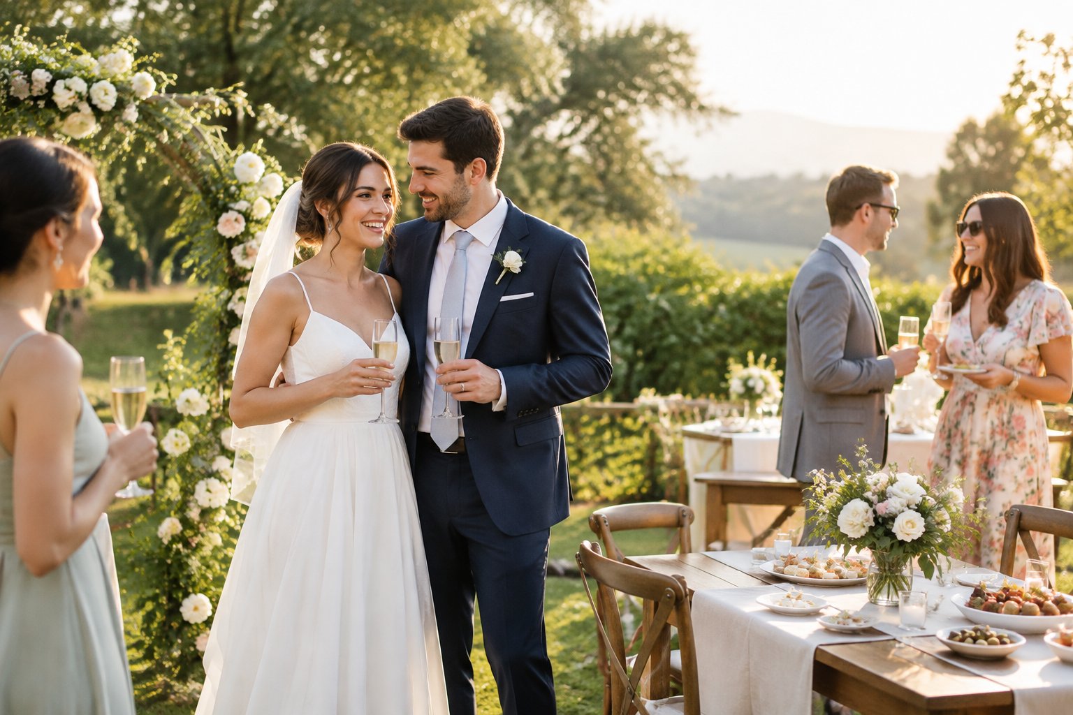 A newly married couple stands with guests at a garden wedding reception in the afternoon.