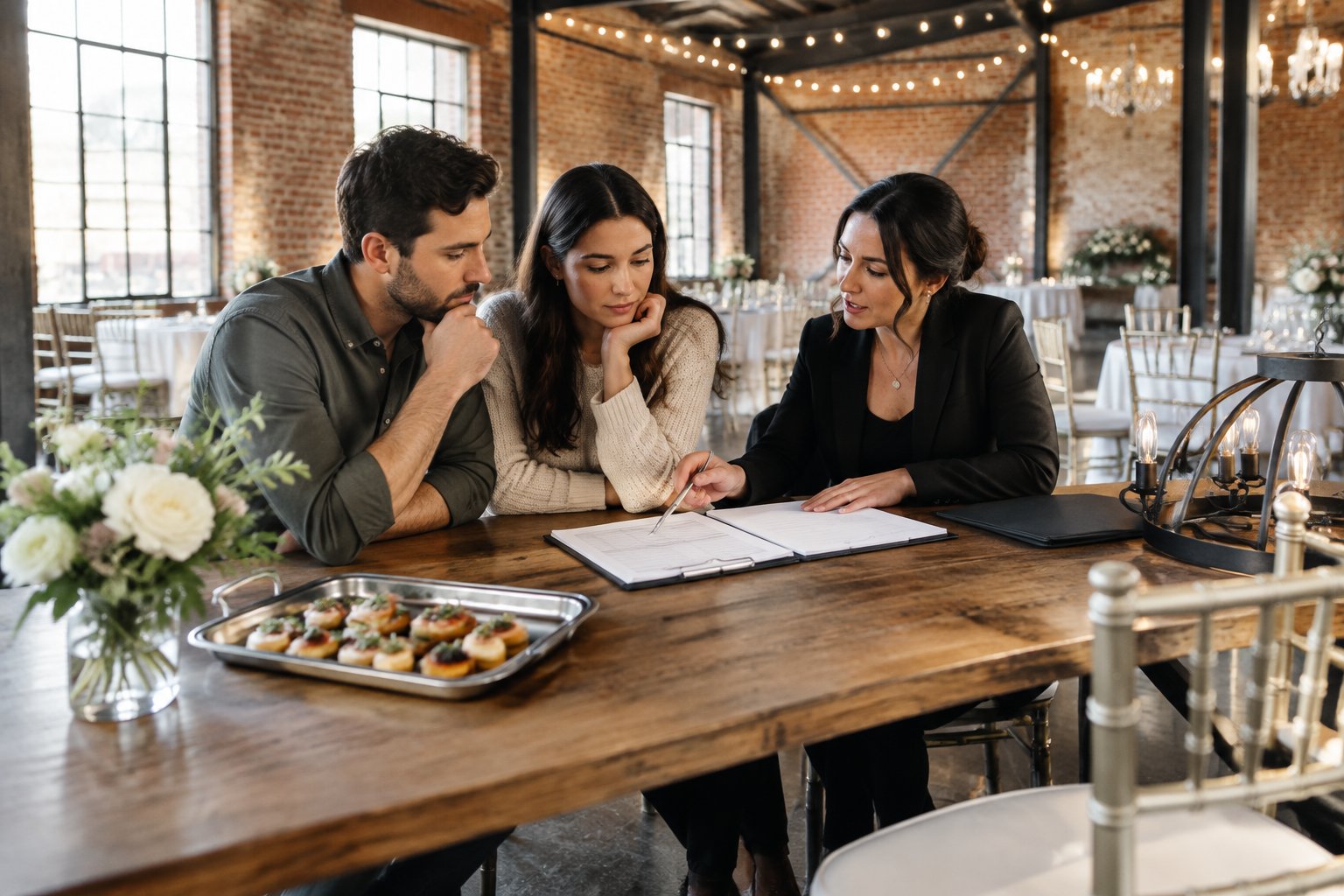 A couple and wedding planner review a budget at a table in a warehouse wedding venue.
