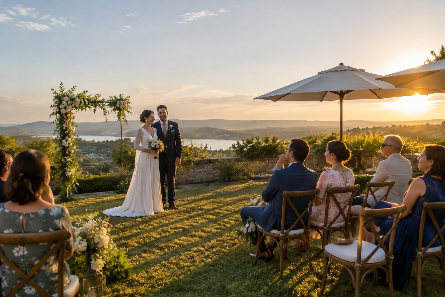 A couple stands at an outdoor wedding ceremony as guests sit nearby in afternoon sunlight.