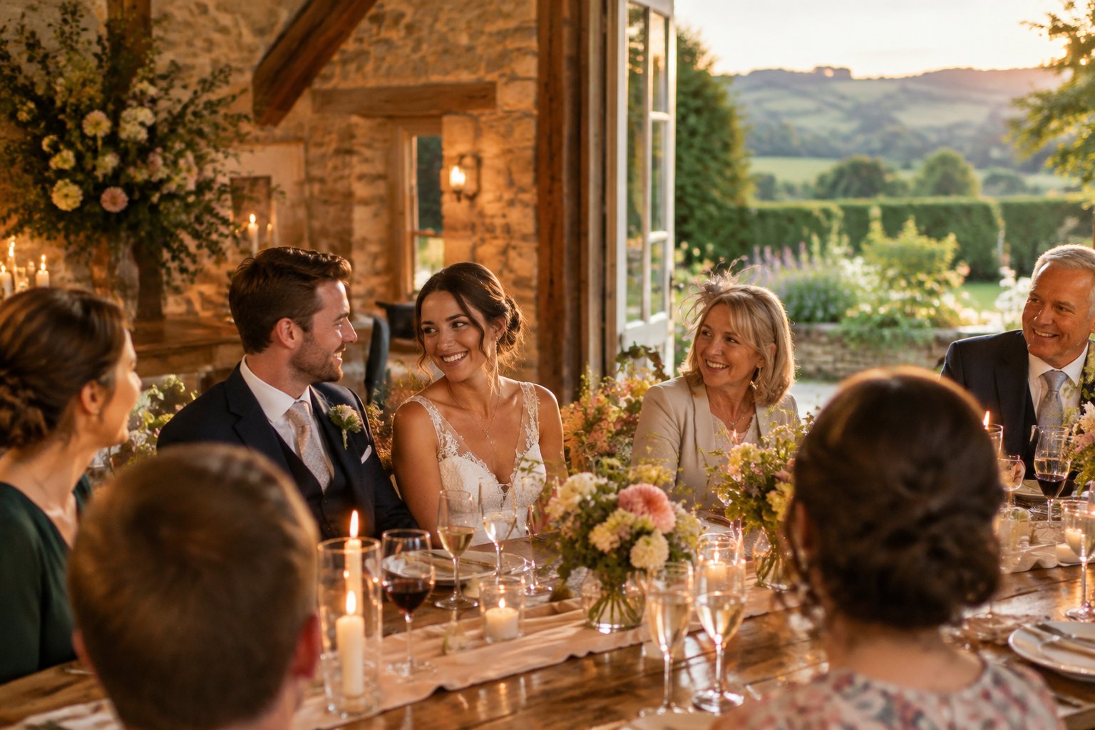 A newly married couple sharing a moment with guests at a candlelit countryside reception.