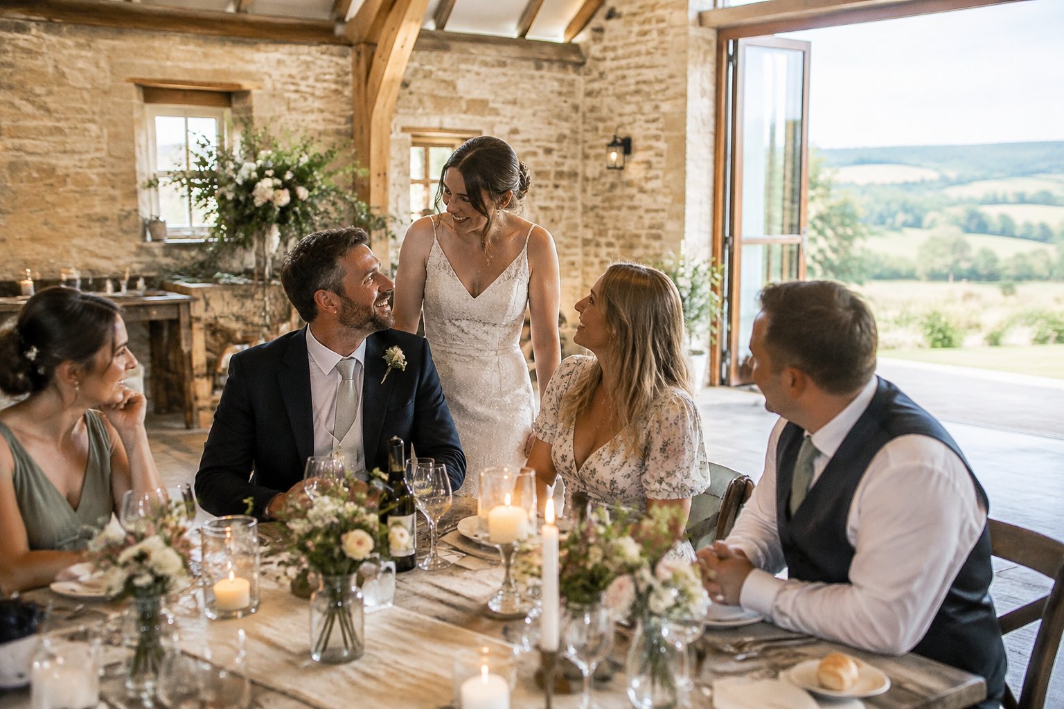 A couple celebrates with guests around a decorated table in a countryside wedding venue.