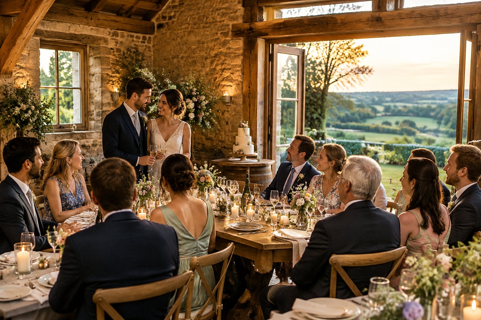 A couple celebrates with a small group of guests at a countryside wedding venue.