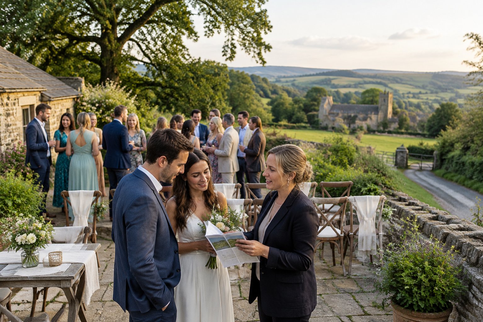 A couple discuss a wedding venue with a coordinator beside a small countryside gathering.