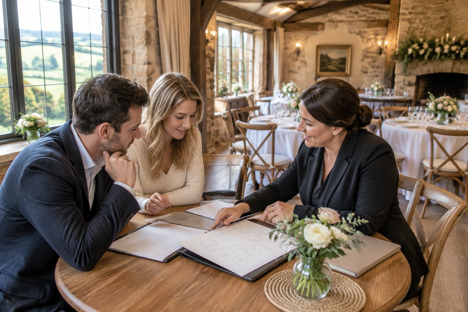 A couple and wedding coordinator review plans at a table in a small countryside wedding venue.