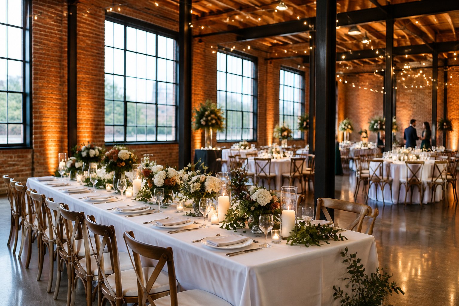 A wedding reception set up inside a spacious brick industrial venue.
