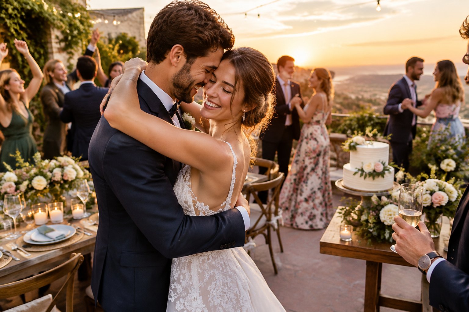 A newly married couple embraces as guests celebrate at an outdoor wedding reception.