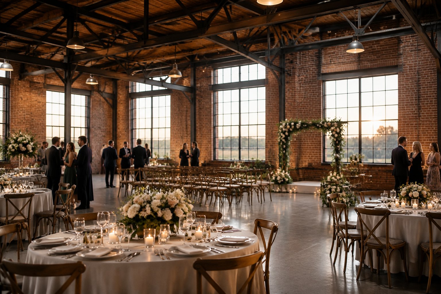 Guests gather in a brick warehouse set up for a wedding reception.