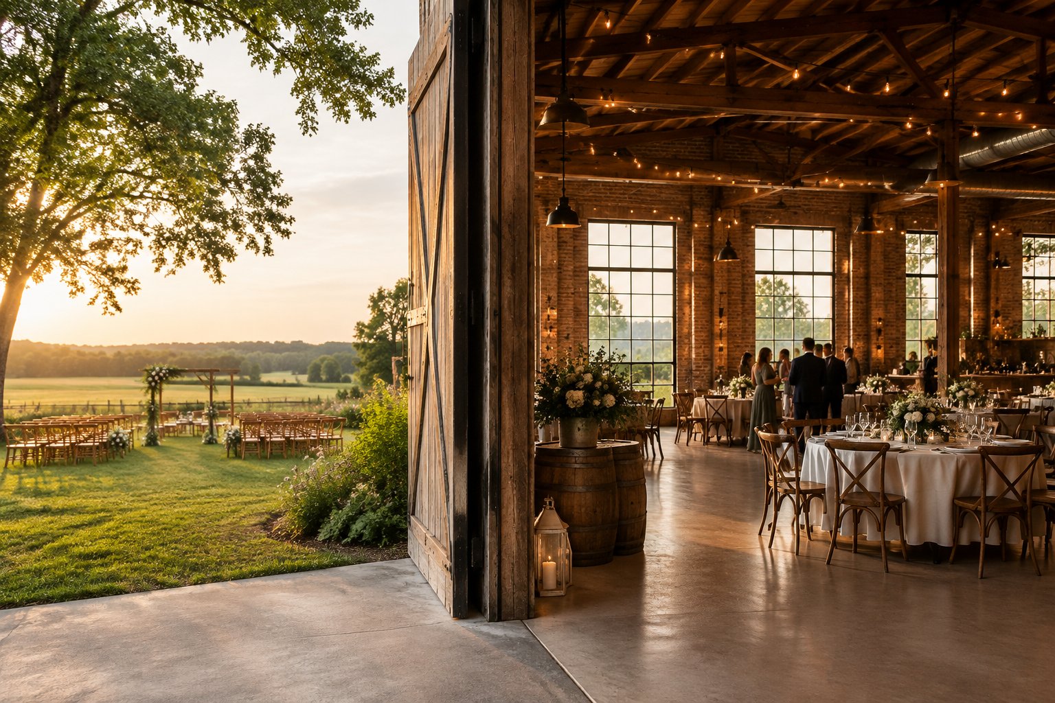 A wedding reception beside a farm field and inside an industrial-style barn.