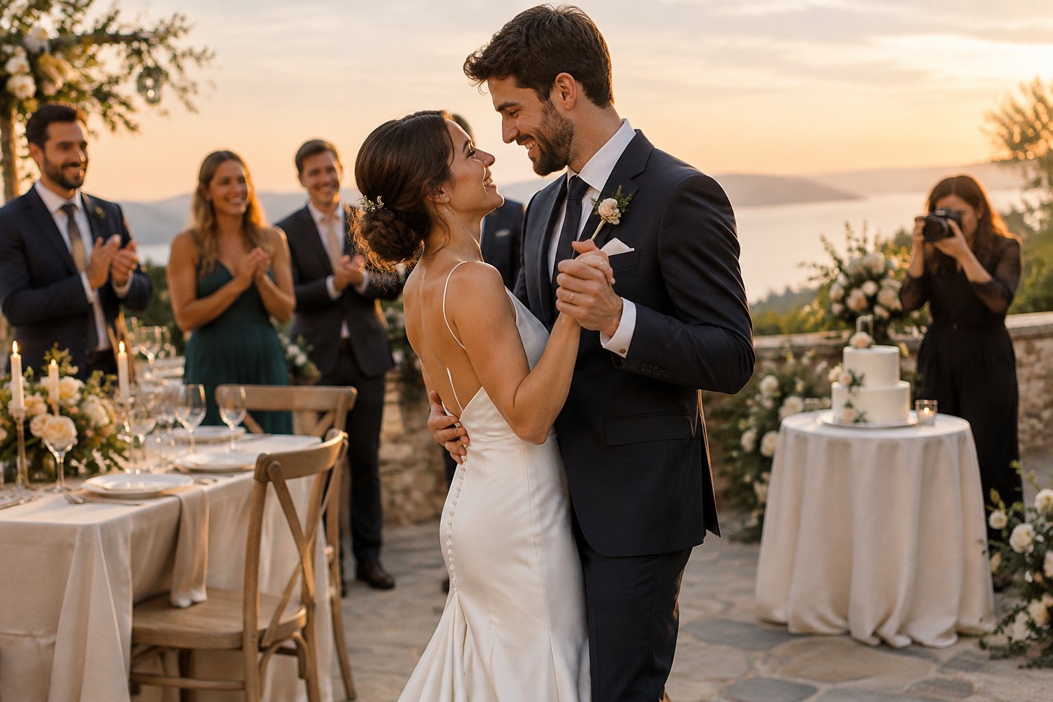 A newlywed couple shares their first dance while guests applaud at a wedding reception.