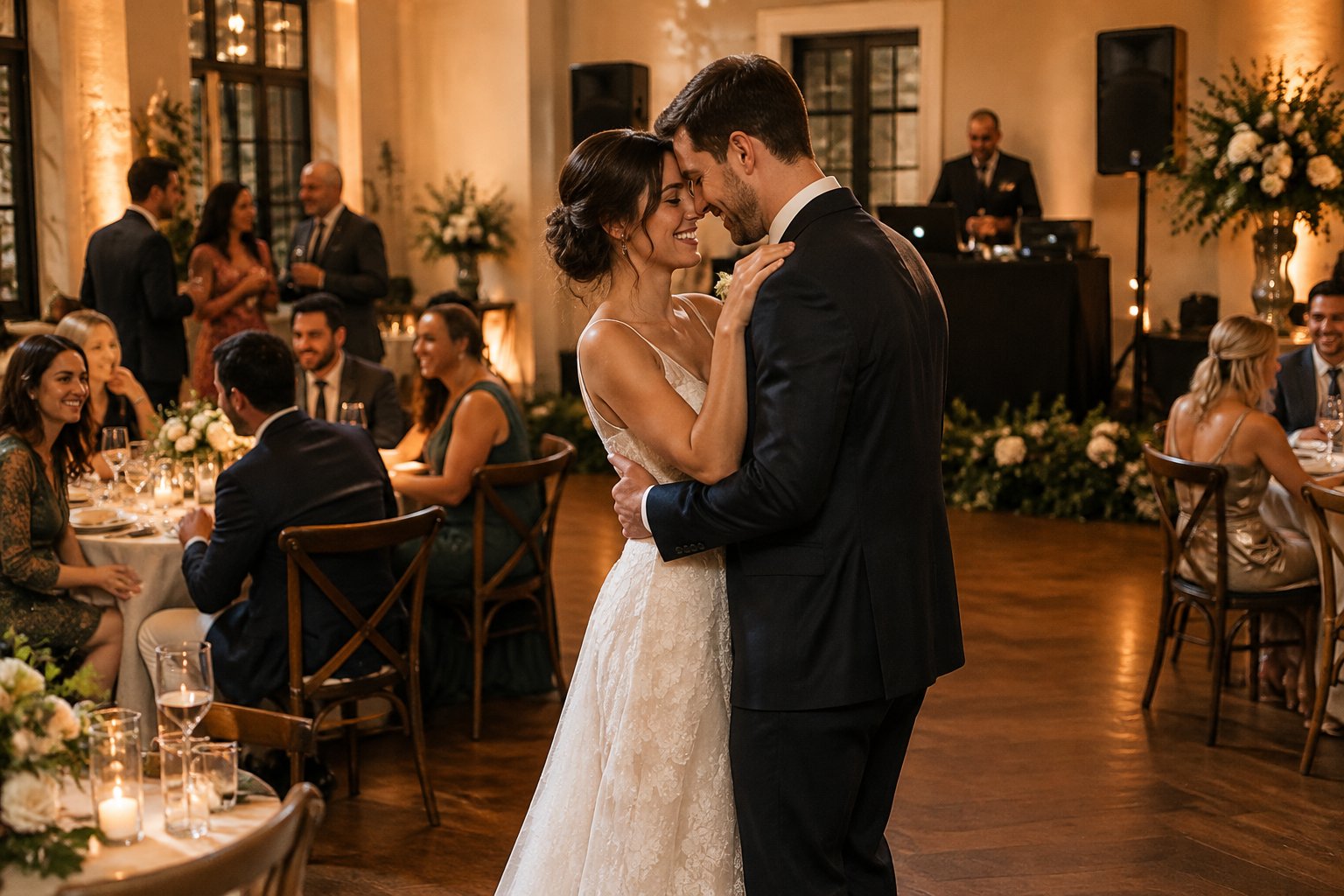 A newlywed couple dances while guests celebrate around tables at a wedding reception.