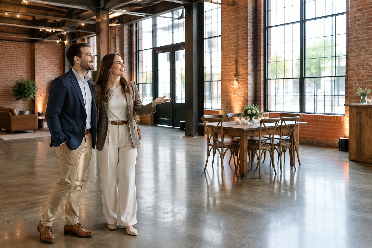 A couple explores a spacious brick-walled event venue with exposed beams and tall windows.