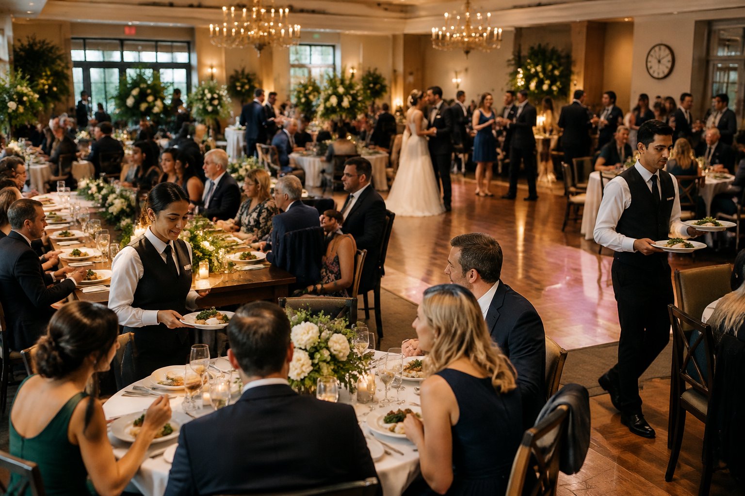Wedding guests dine while servers move between tables in a reception venue.