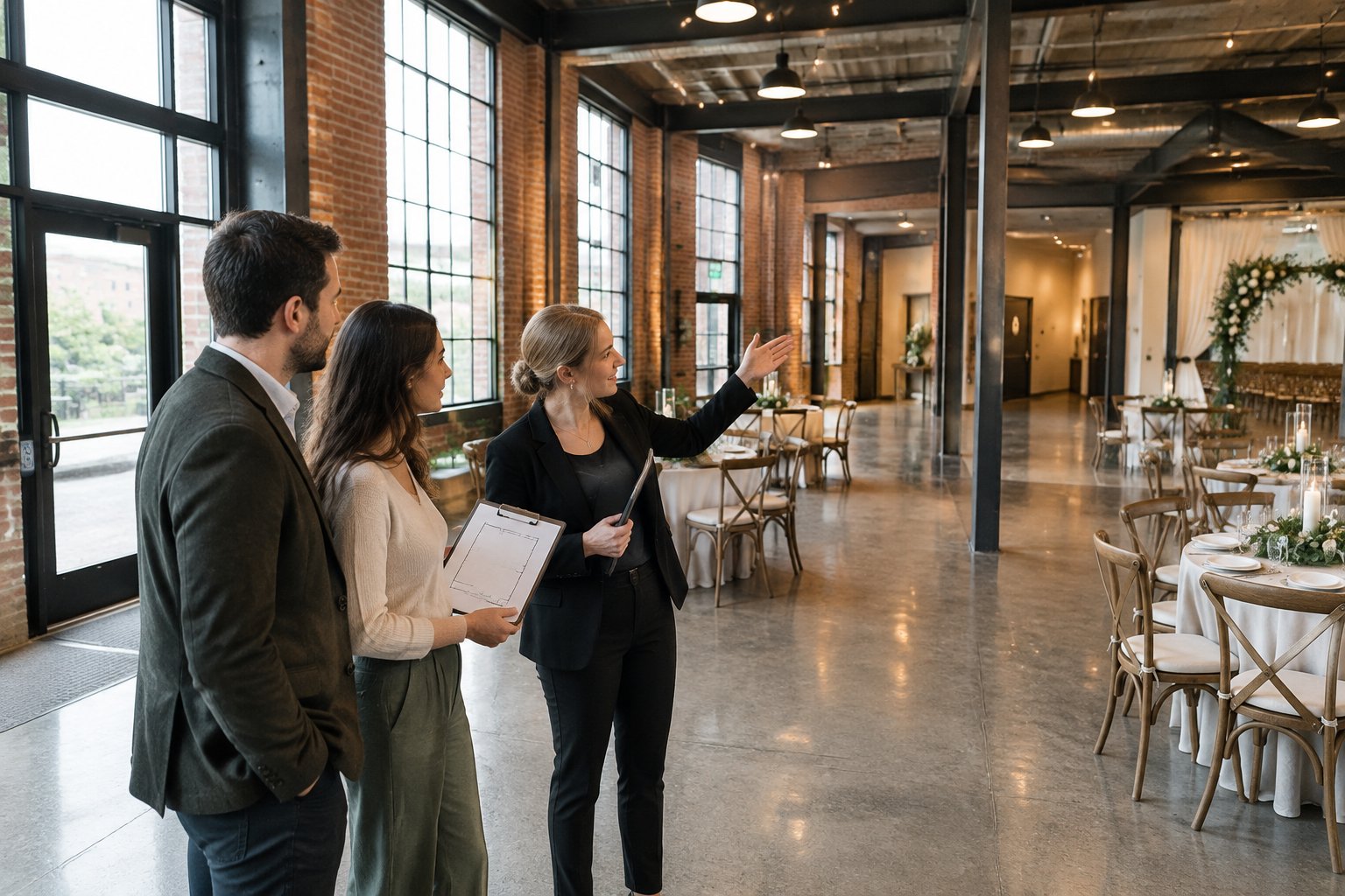 A couple and venue coordinator tour an industrial wedding venue.
