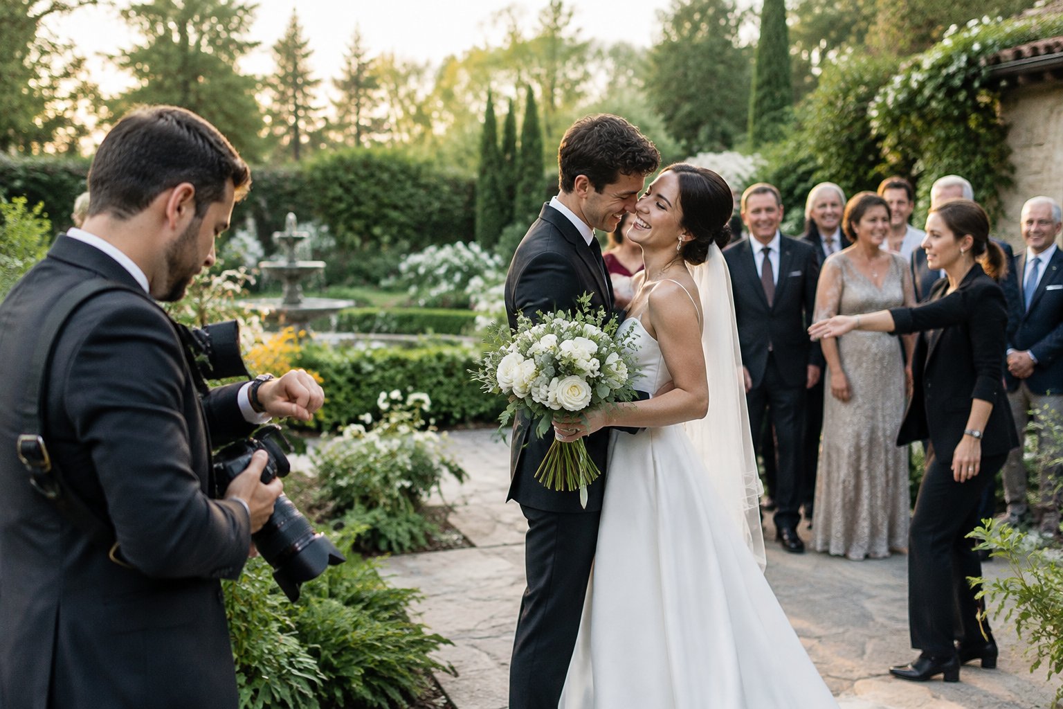 A wedding photographer captures a couple while family members gather for portraits.