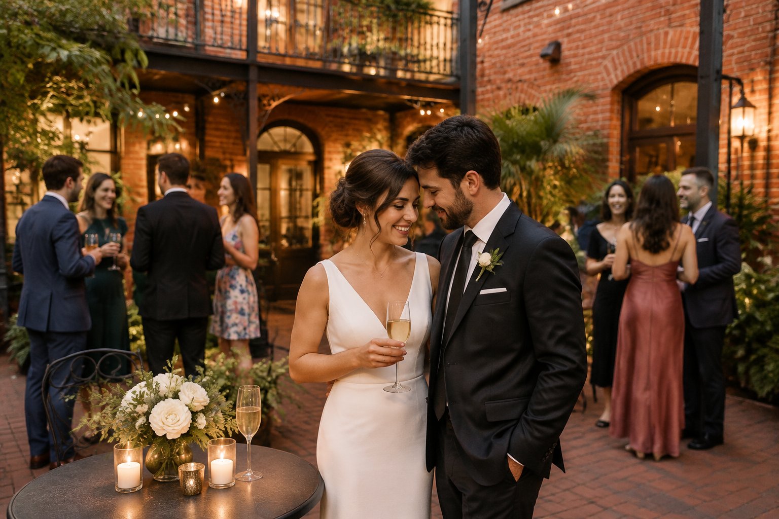 A couple celebrates with guests at a small wedding reception in a brick courtyard.