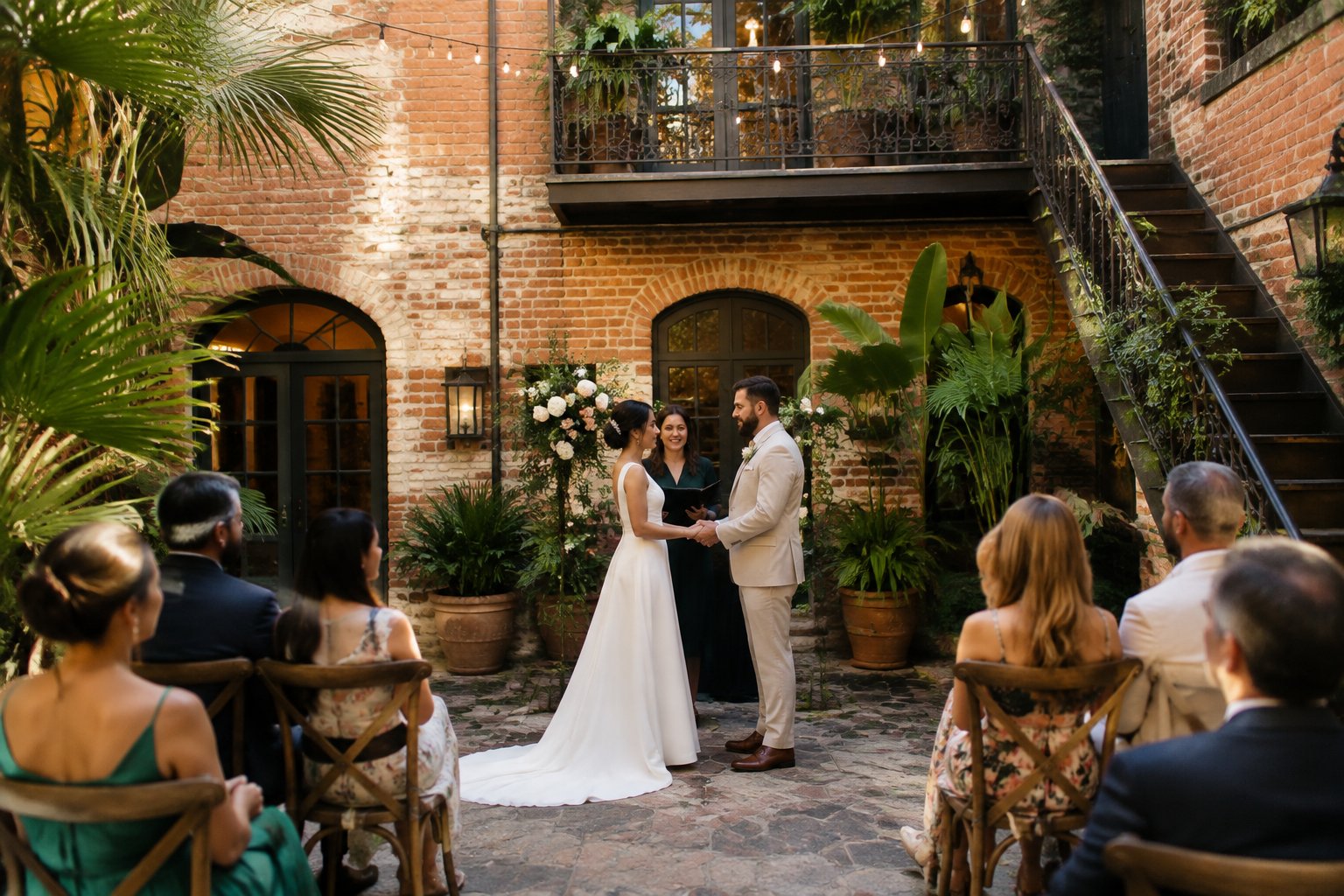 A couple exchanges vows in a brick courtyard as a small group of guests watches.