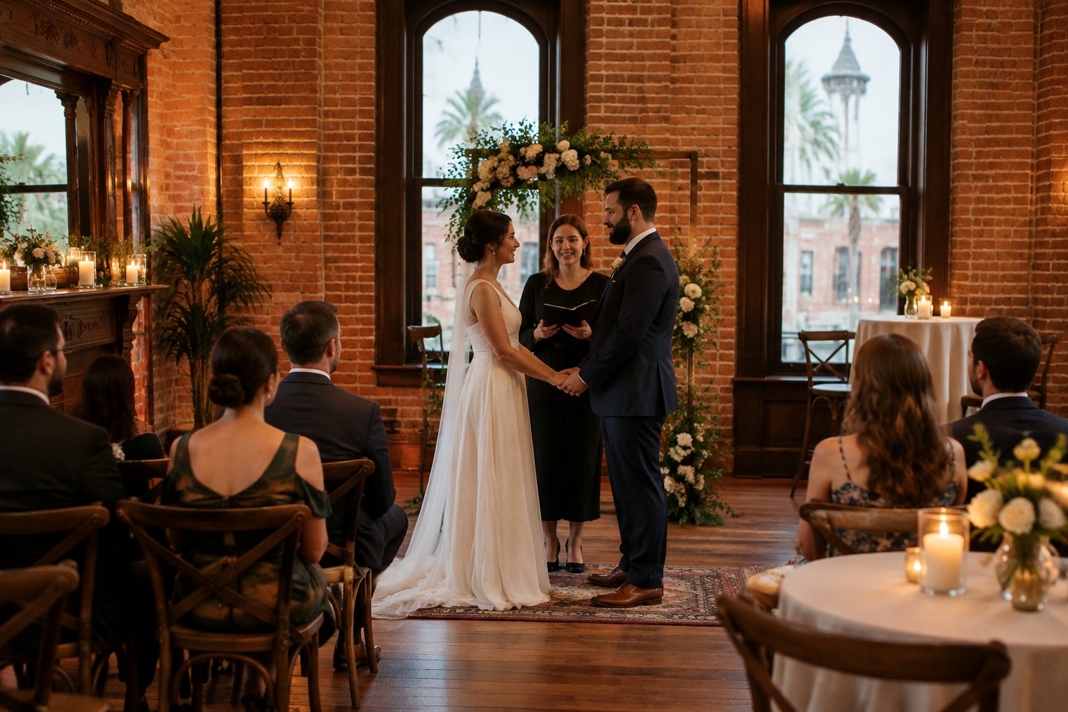 A couple exchanges vows in a small, warmly decorated wedding venue with guests seated nearby.