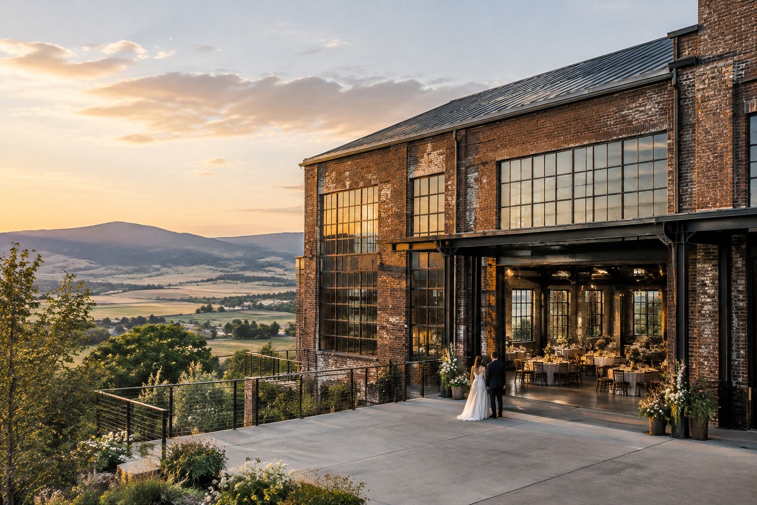 A wedding reception inside a brick industrial venue overlooking a valley.