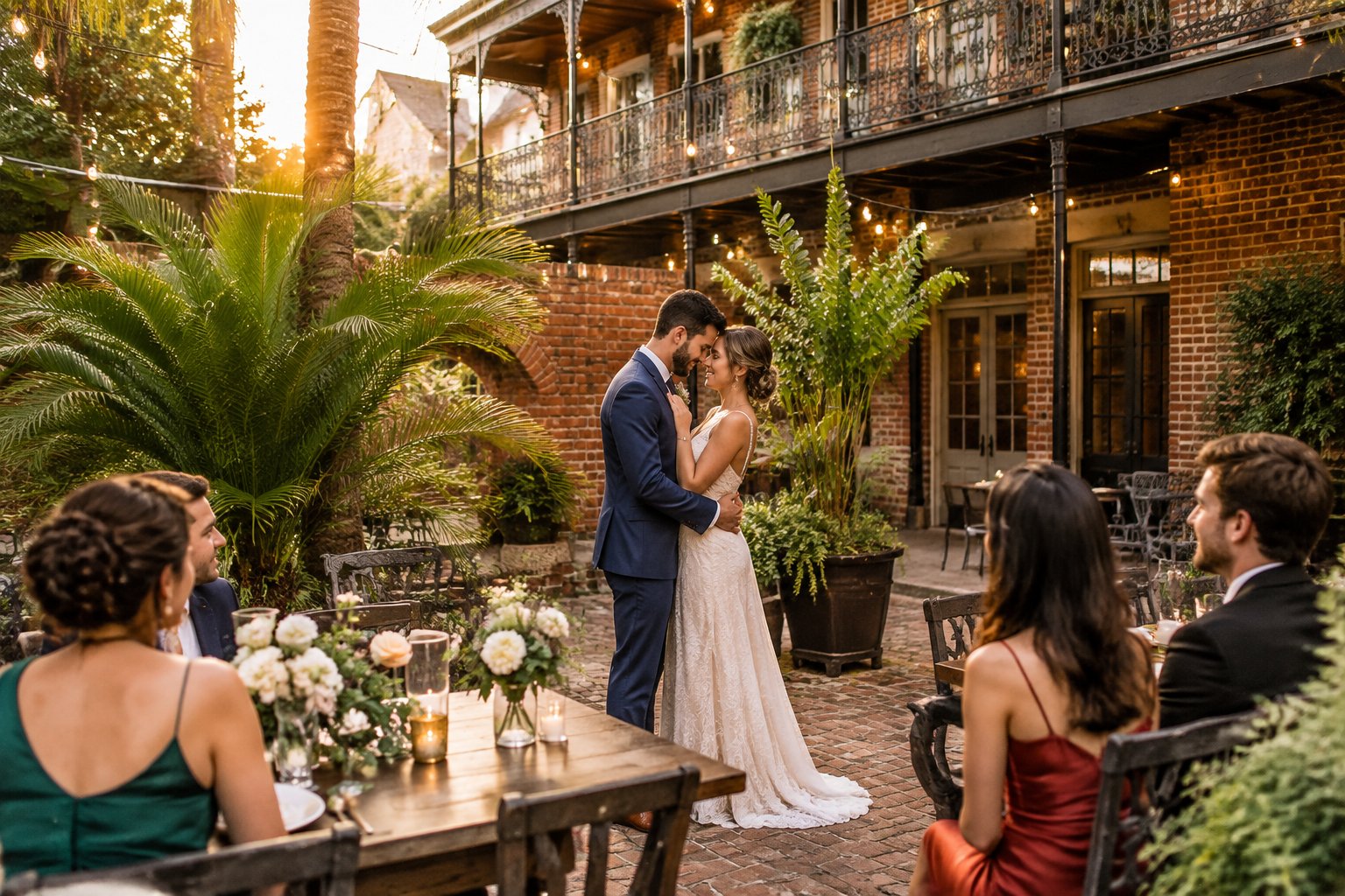 A couple celebrates with guests in a historic brick courtyard.