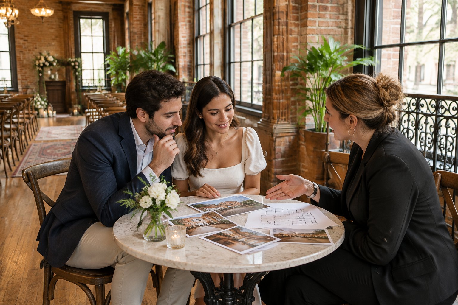A couple reviews venue photos with a coordinator in a historic event space.