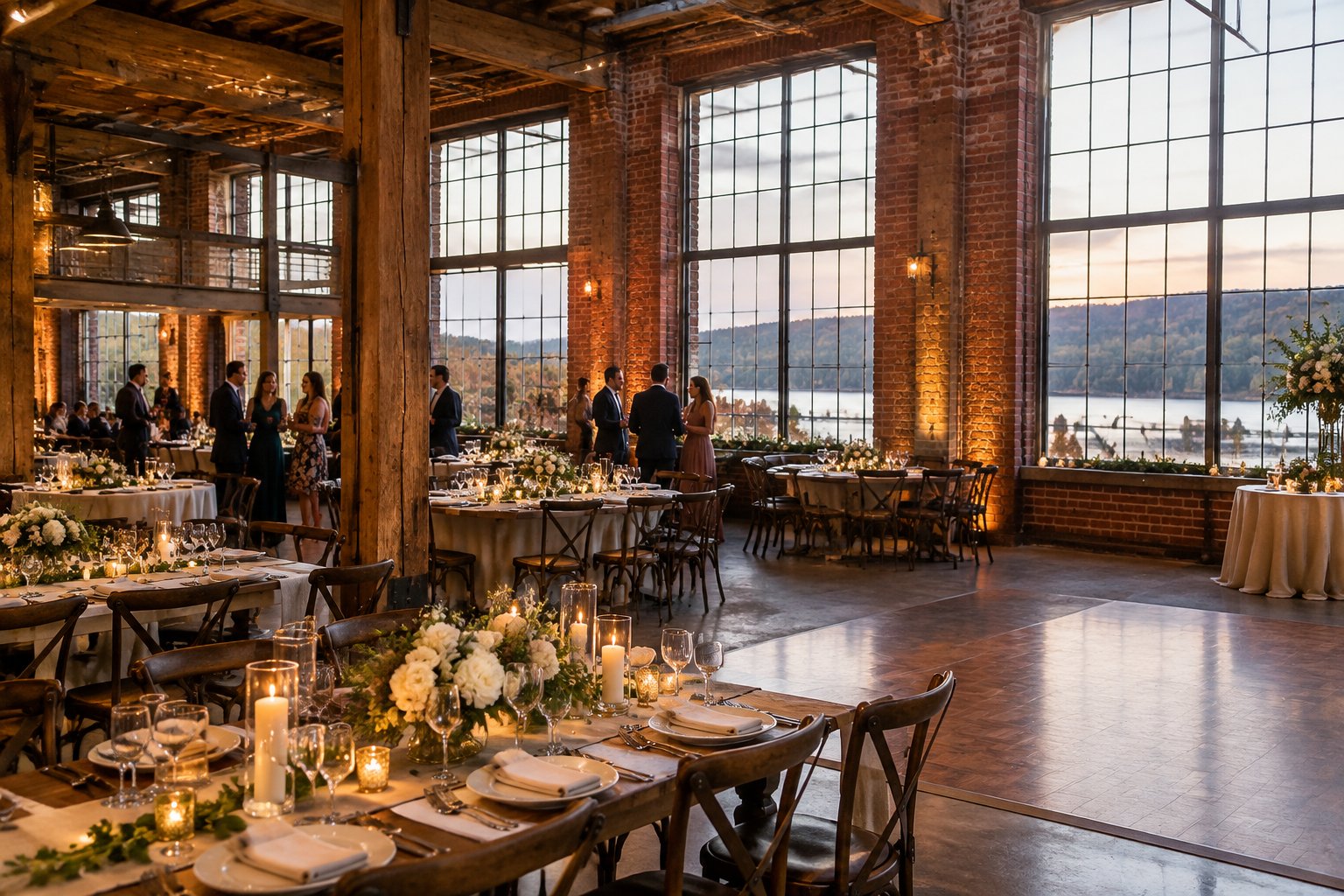 A wedding reception with banquet tables inside a brick industrial venue.