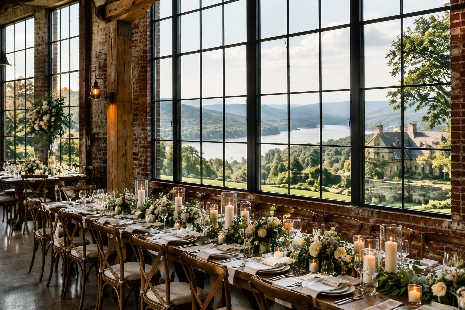 A wedding reception table in a brick industrial venue overlooking a green Hudson Valley landscape.