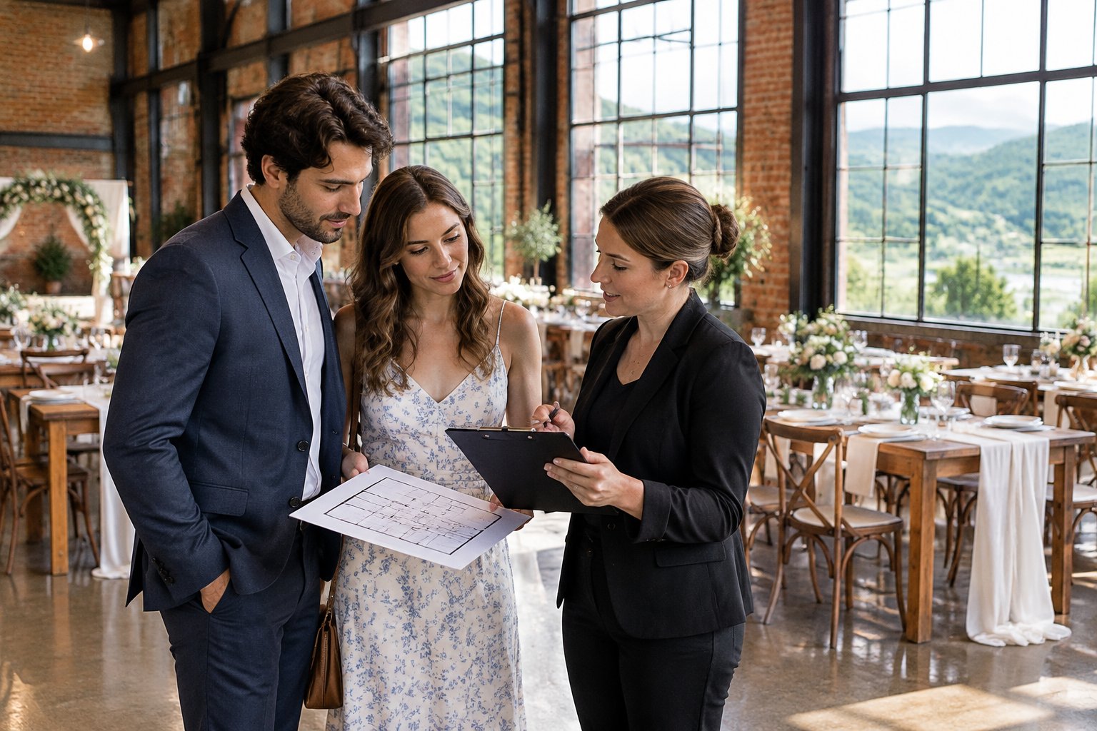 A couple and venue coordinator review a clipboard inside an industrial wedding venue overlooking a valley.