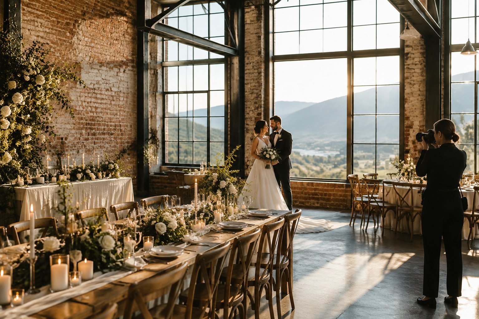 A wedding reception with simple floral décor inside an industrial venue overlooking a valley.