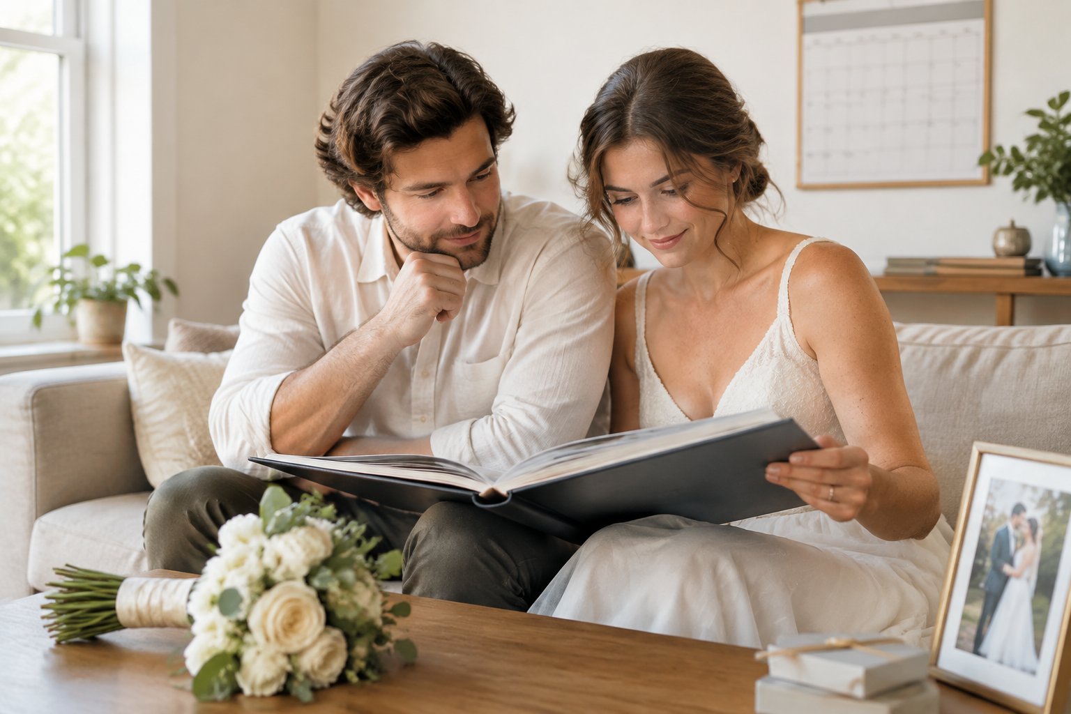 A newlywed couple looks through wedding photos together at home.