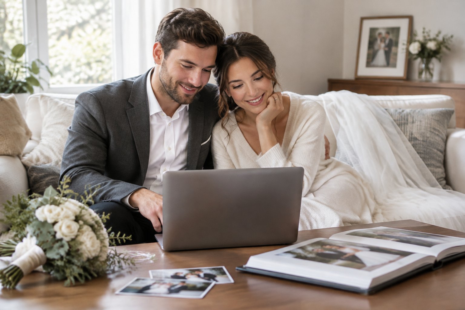 A newlywed couple looks at wedding photos together at home.