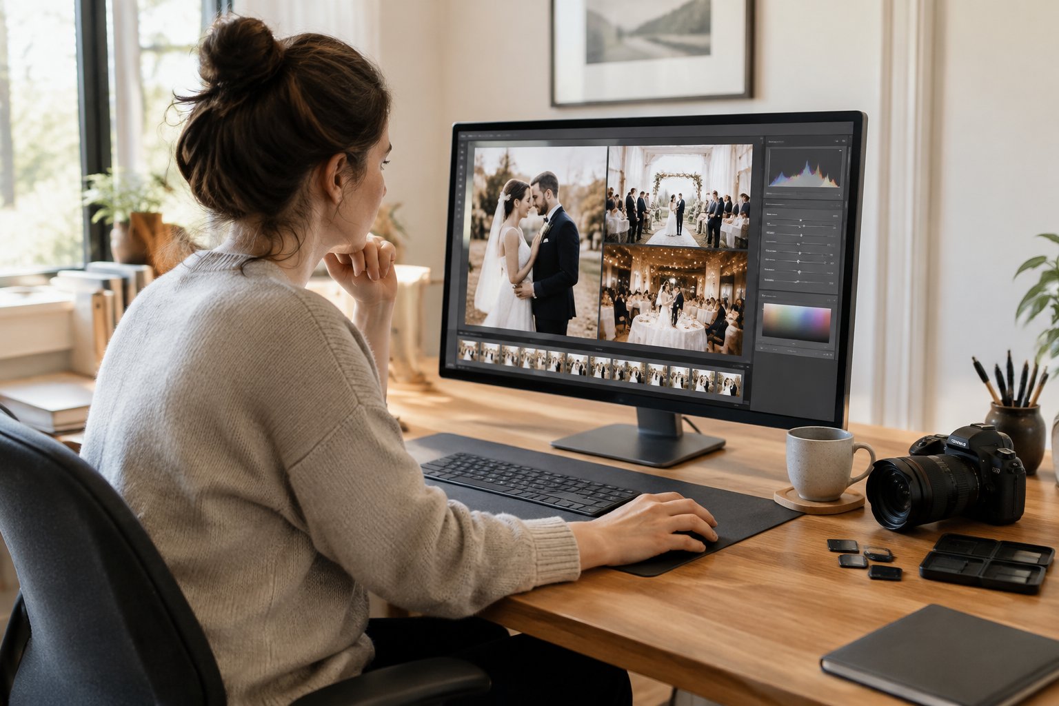 A photographer carefully edits wedding photos at a desk.