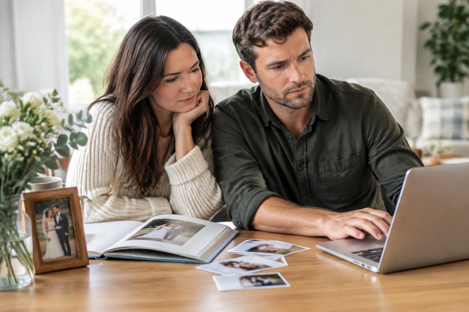 A couple reviews wedding photos together at a desk while one types on a laptop.