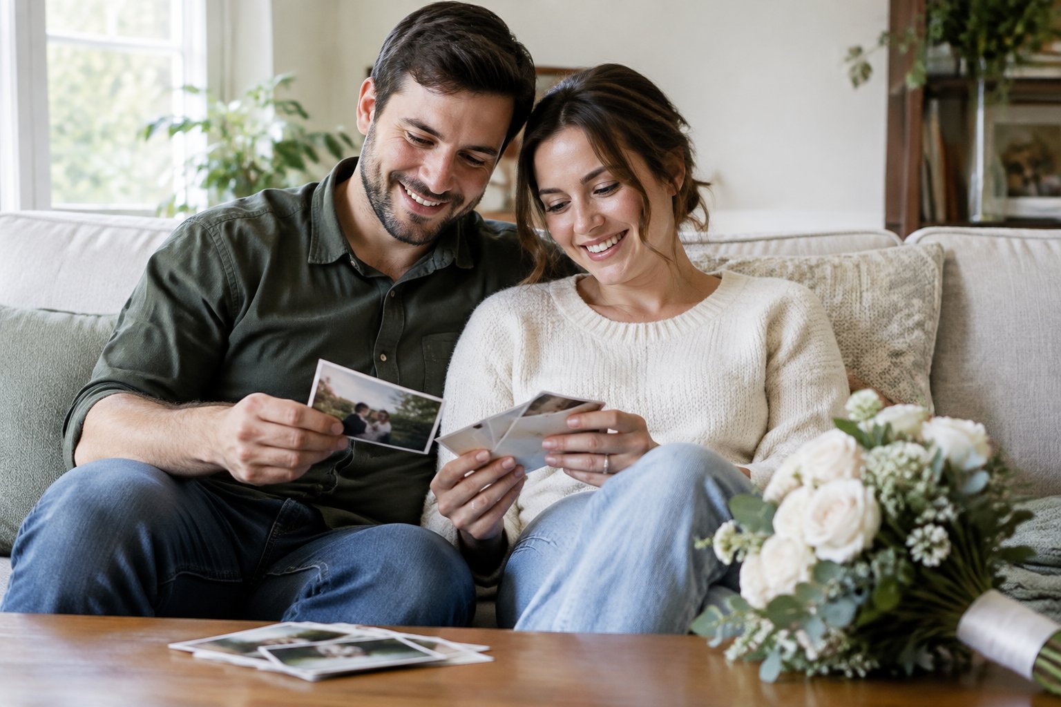 A newlywed couple sits together on a sofa, looking through wedding photographs.