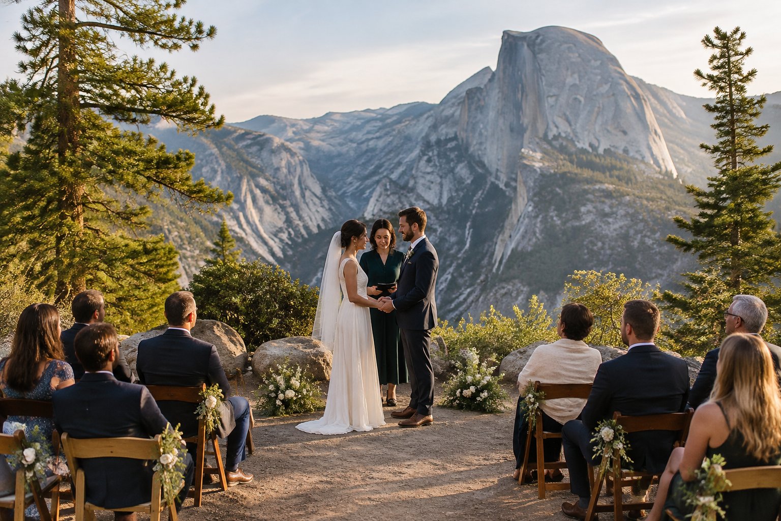 A couple exchanges vows before a small group of guests beneath Yosemite’s granite cliffs.