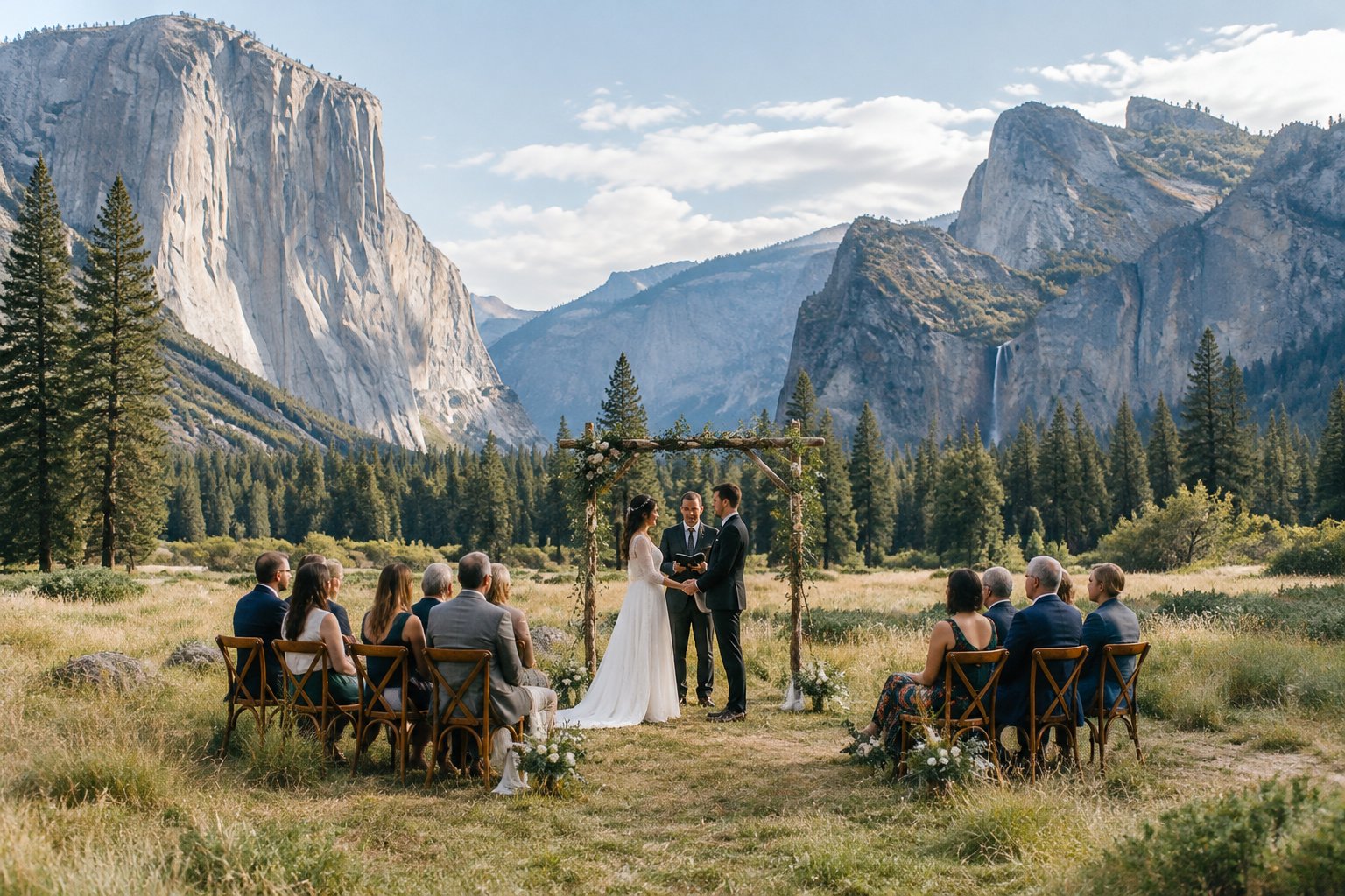A small wedding ceremony in a Yosemite meadow surrounded by mountains and pine trees.