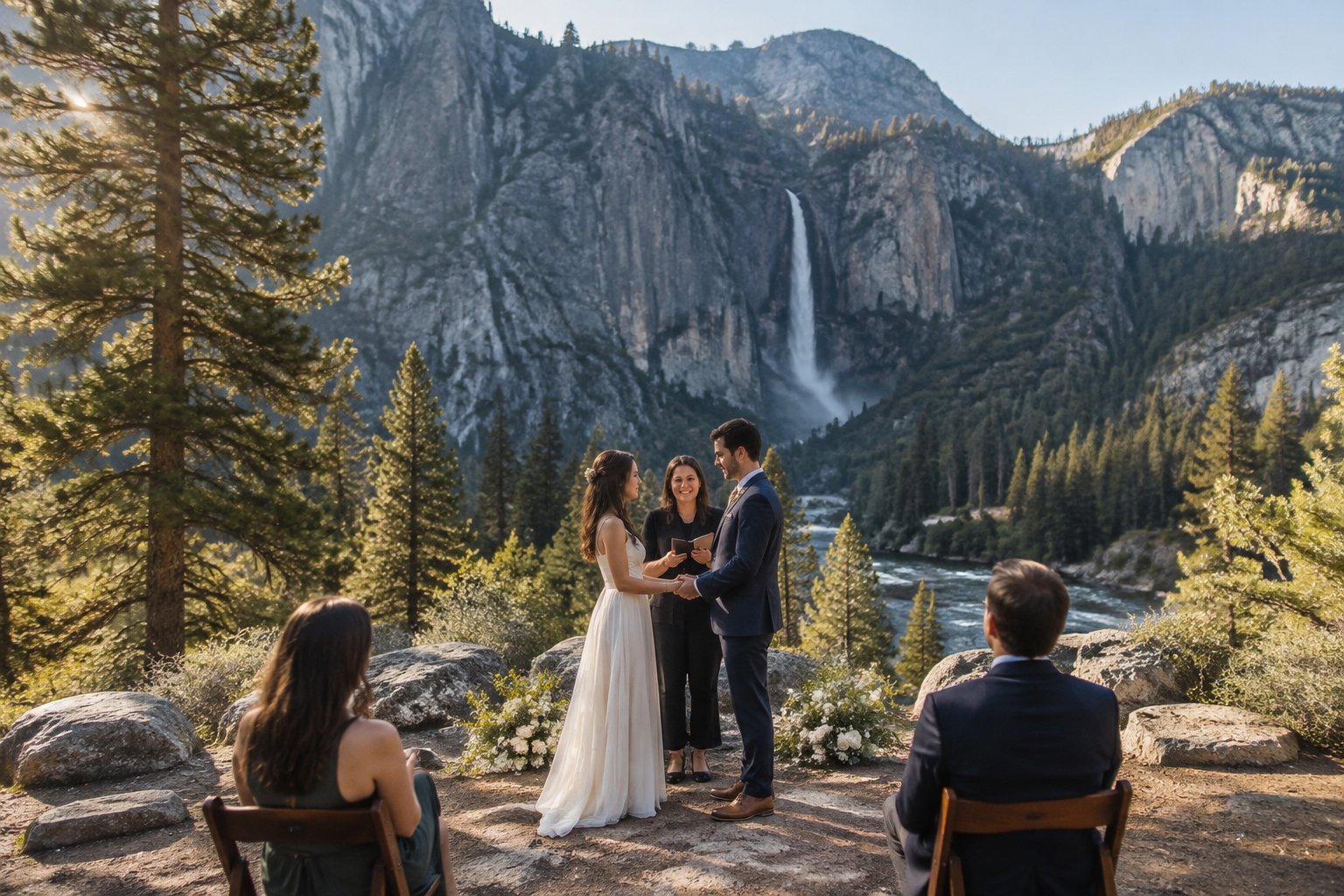 A couple exchanges vows at a small outdoor ceremony in Yosemite.