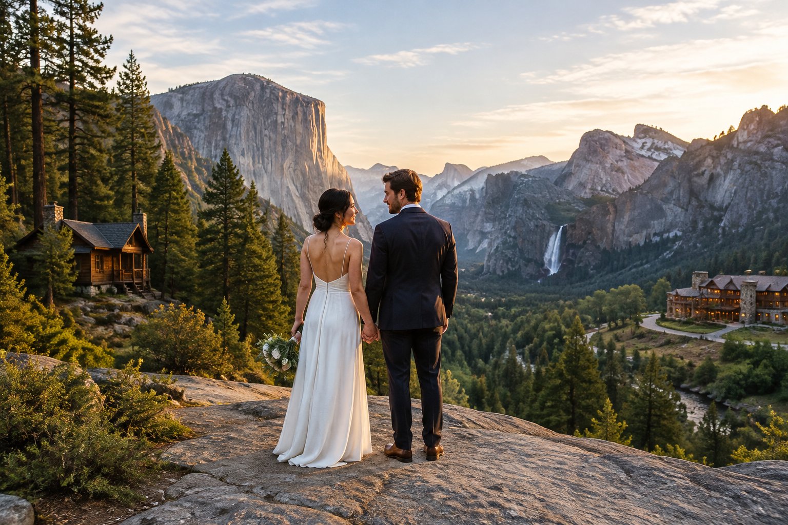A newlywed couple stands at a Yosemite overlook with a cabin and lodge in the surrounding landscape.