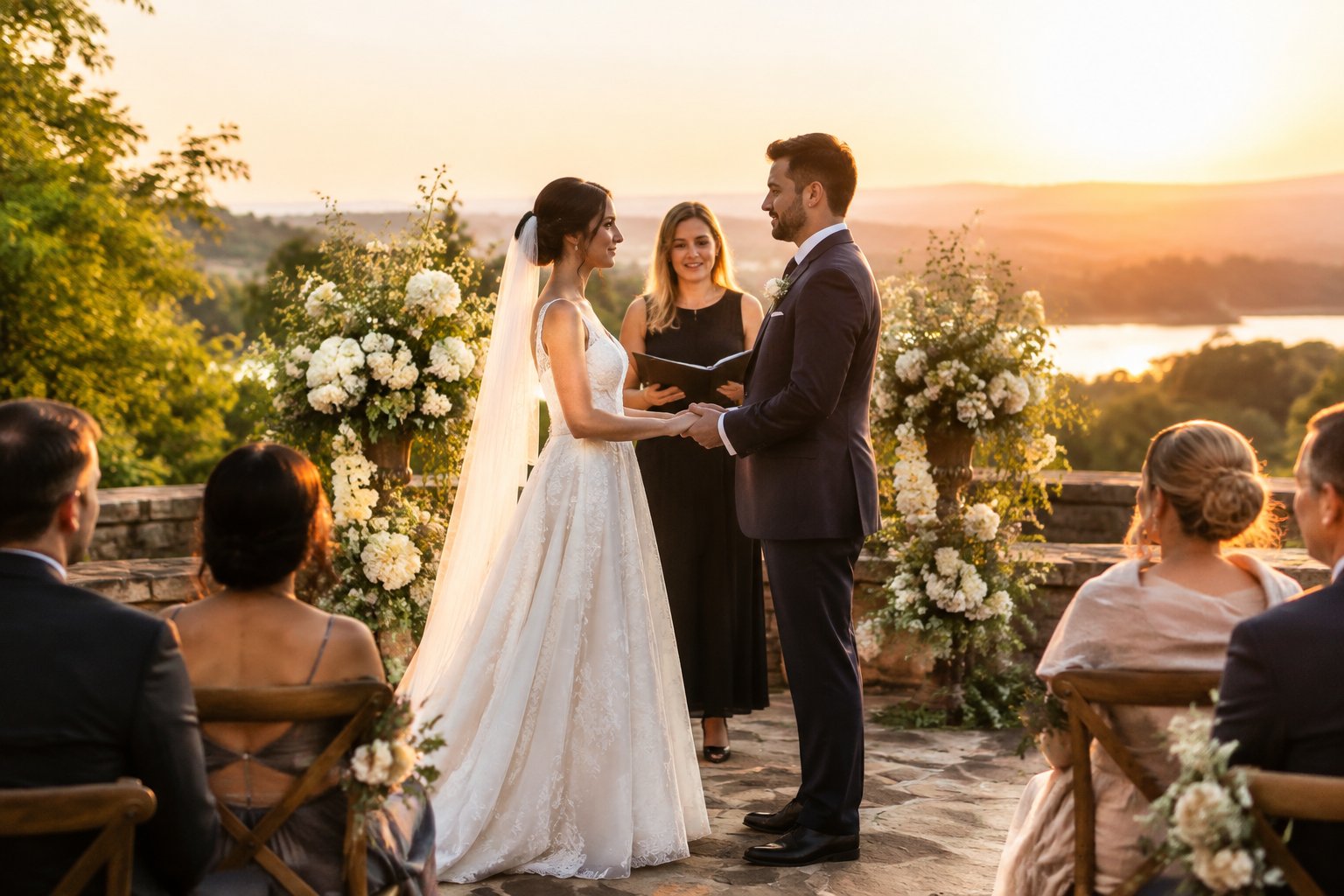 A couple exchanges wedding vows outdoors as guests watch in the late-afternoon light.