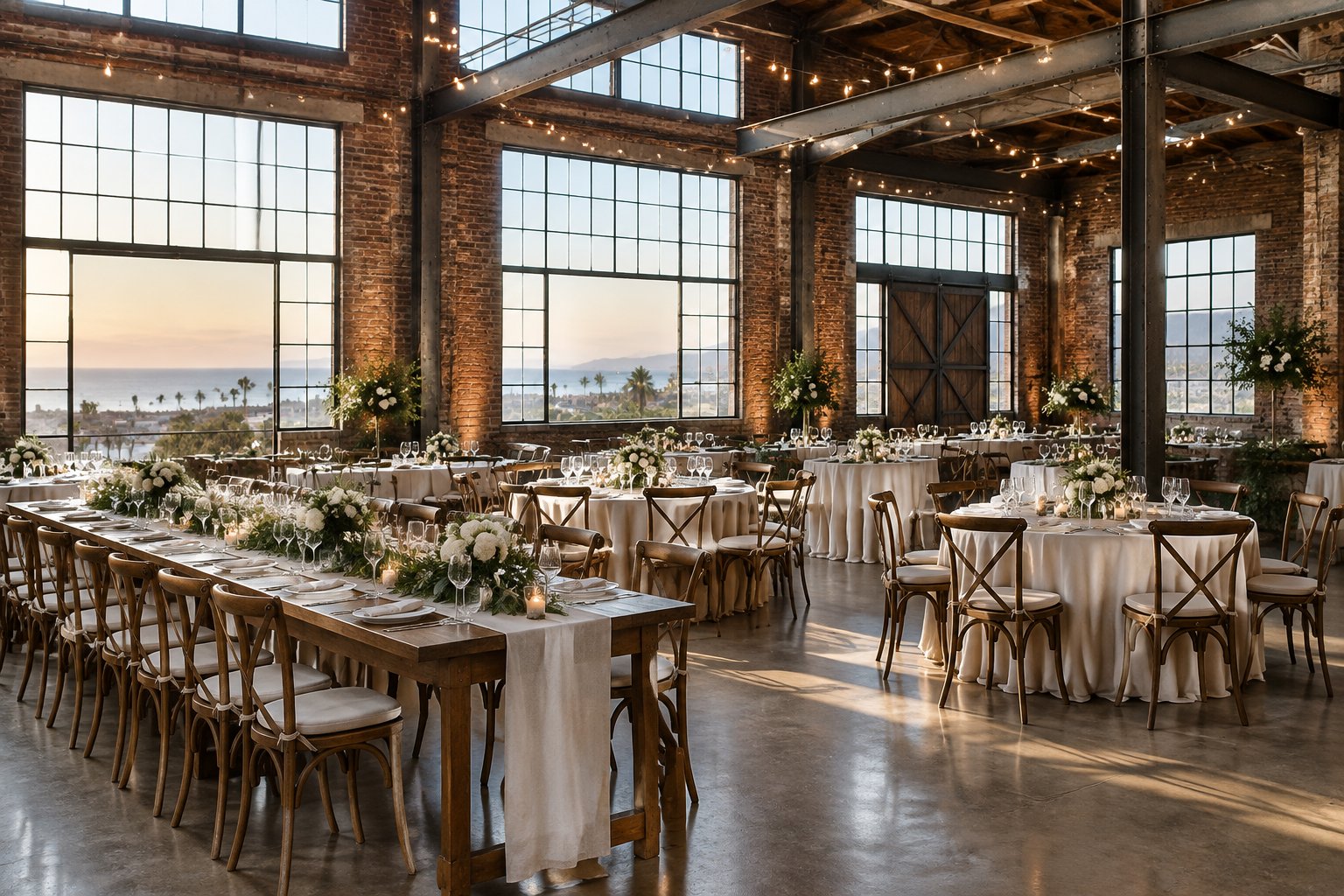 A wedding reception set inside a brick-and-steel warehouse venue.