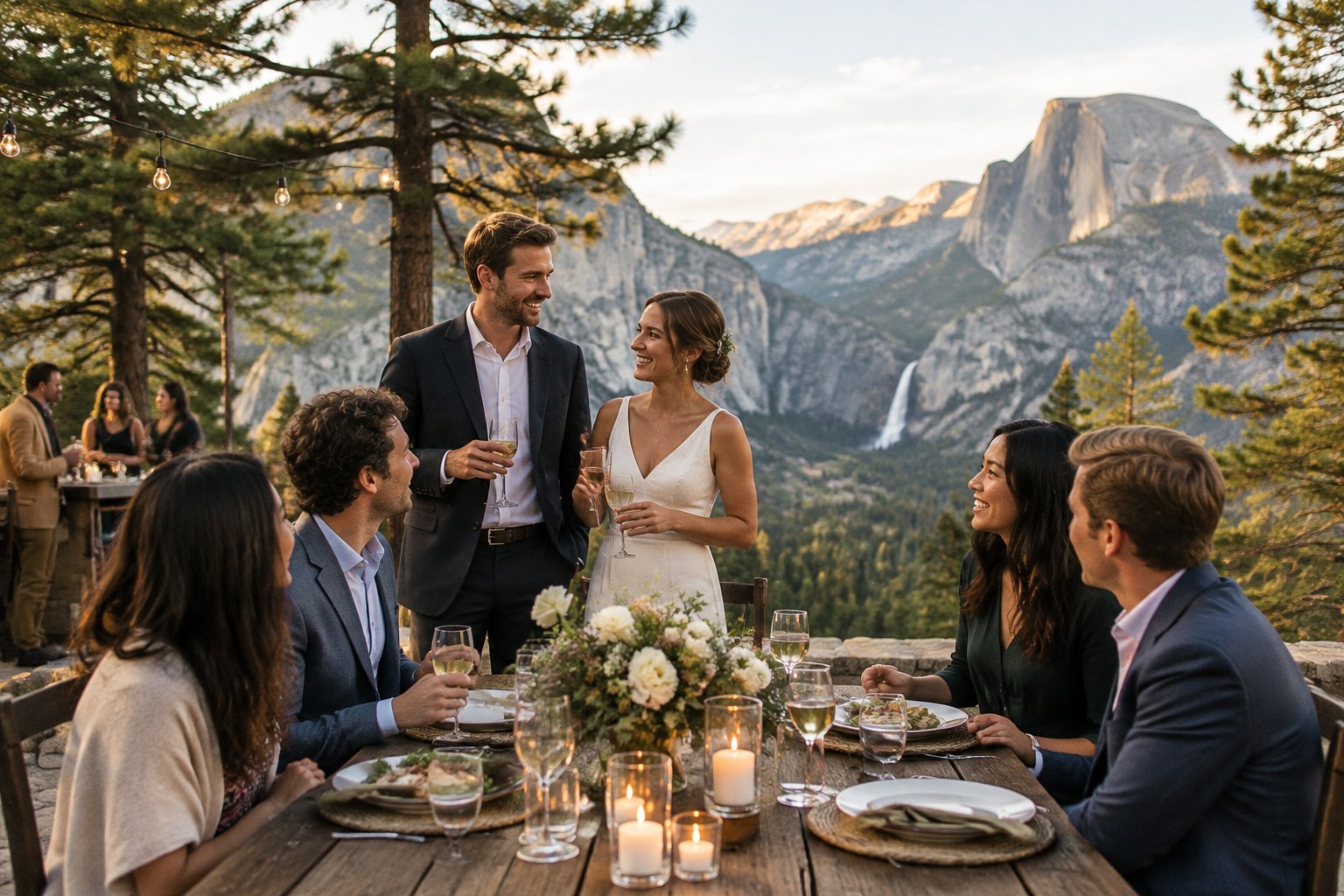 A couple and guests gather for an outdoor wedding reception among the mountains near Yosemite.