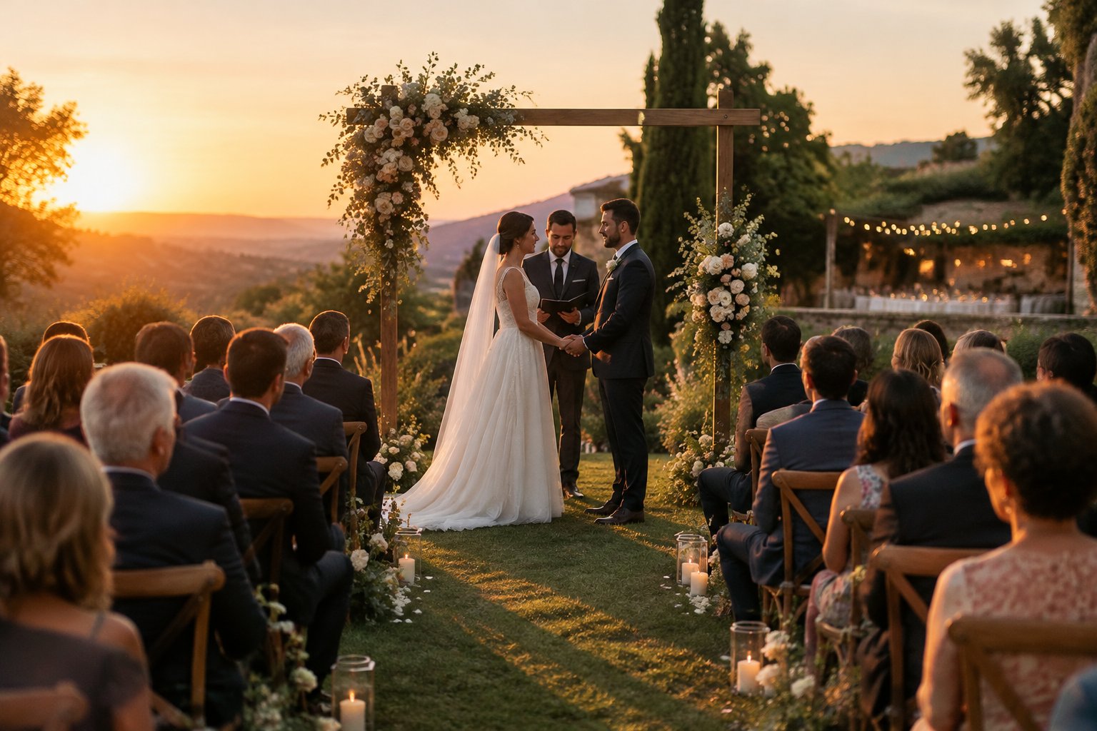 A couple exchanges vows outdoors as guests watch in the warm late-afternoon light.