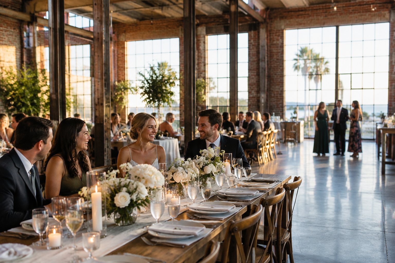 Guests gather around a decorated wedding table inside a spacious venue.
