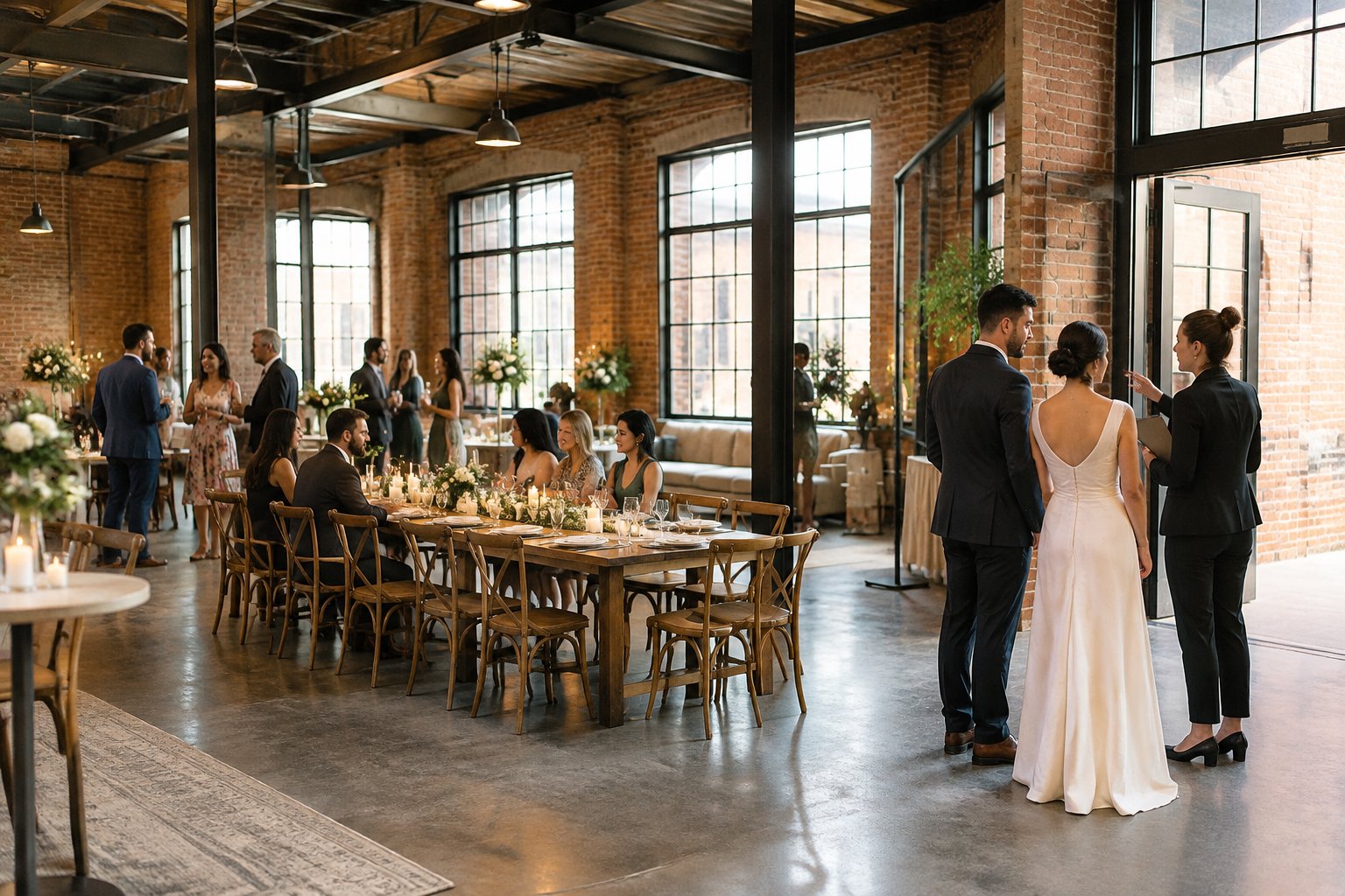 Wedding guests gather around a dining table in an industrial venue.