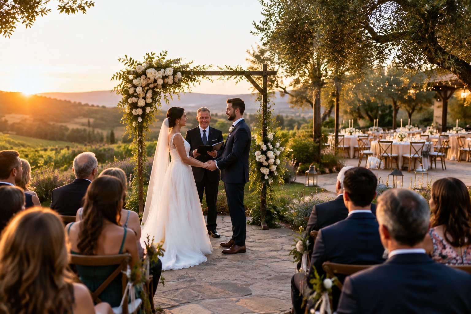 A couple exchanges vows at an outdoor wedding ceremony as guests watch.