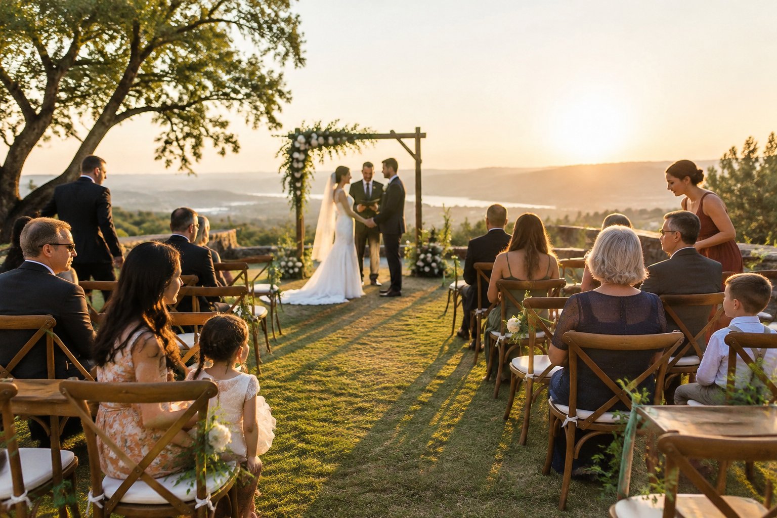 A couple exchanges vows outdoors as guests watch in the late-afternoon light.