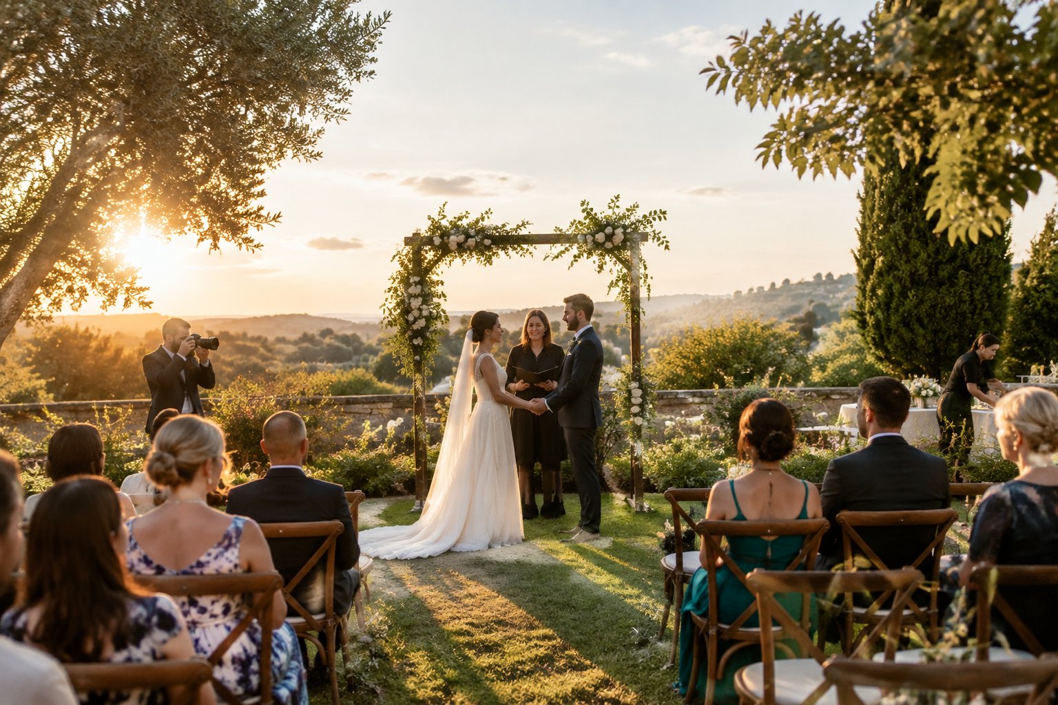 A couple exchanges vows beneath a floral arch as guests watch in a garden.