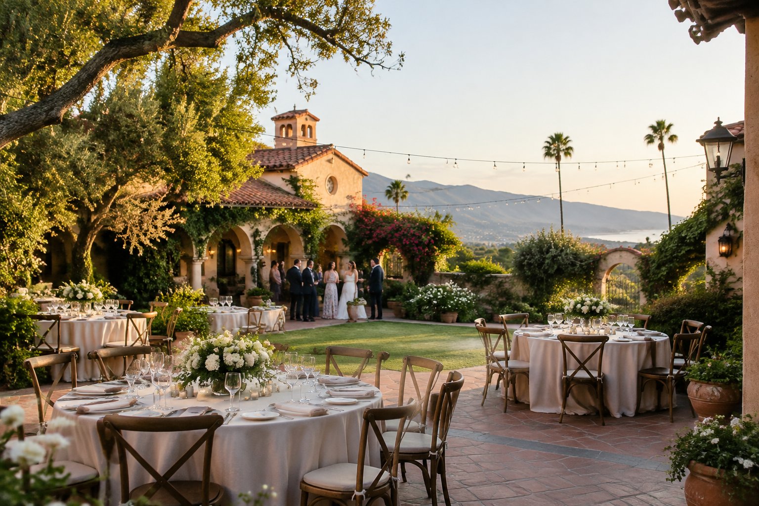 A wedding reception set in a garden courtyard.