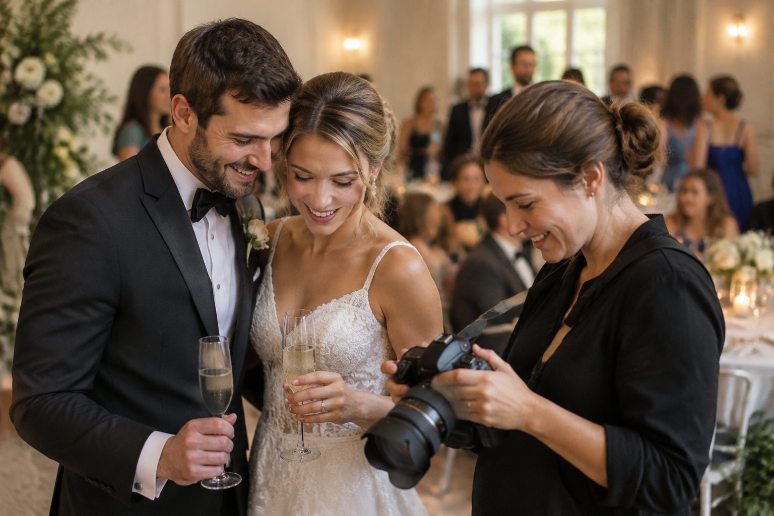 A newlywed couple celebrates at their reception as a photographer checks a camera.